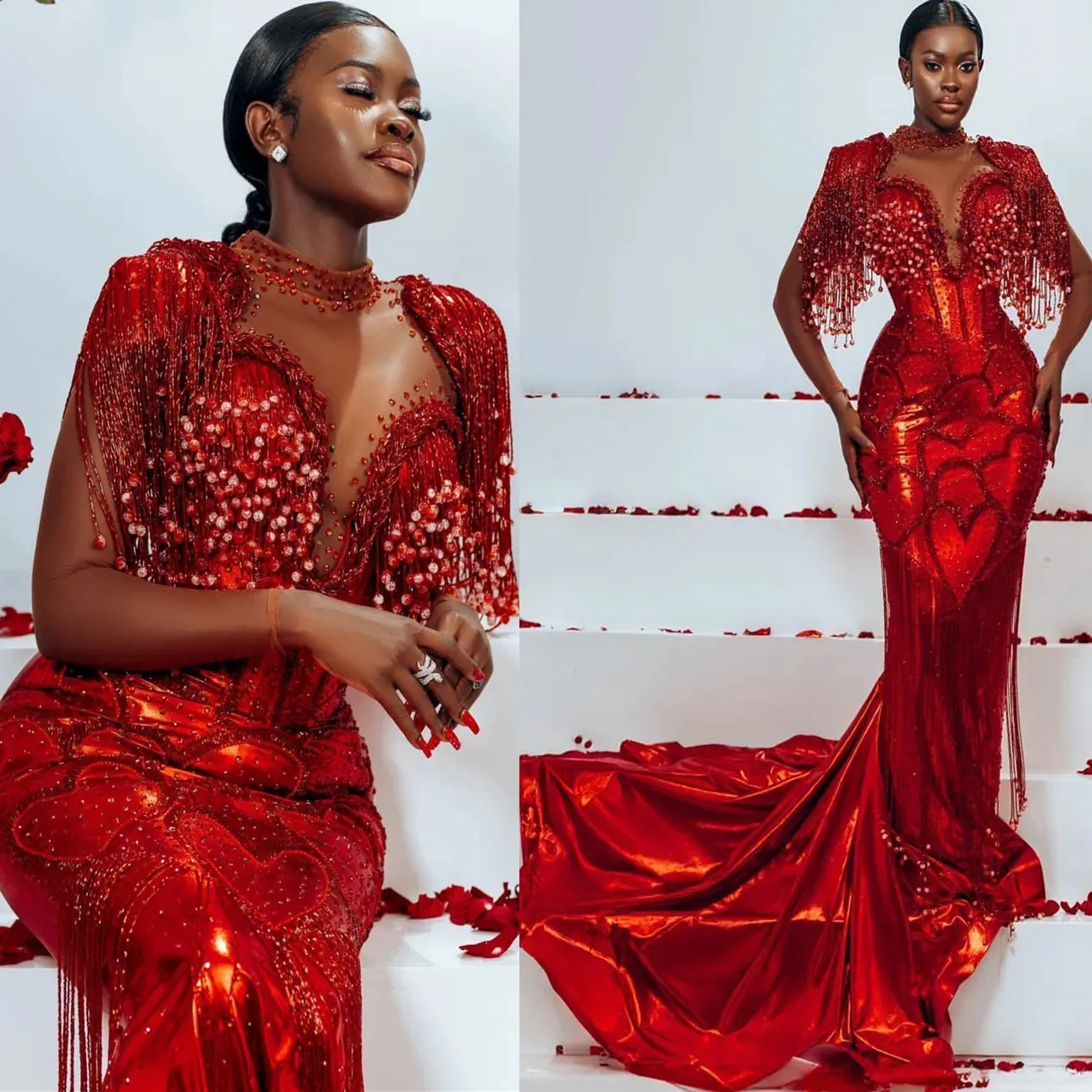 2024 Aso Ebi Red Mermaid Prom Dress Frisado Cristais Sparkly Evening Formal Party Segunda Recepção Aniversário Vestidos de Noivado Vestidos Robe De Soiree ZJ115