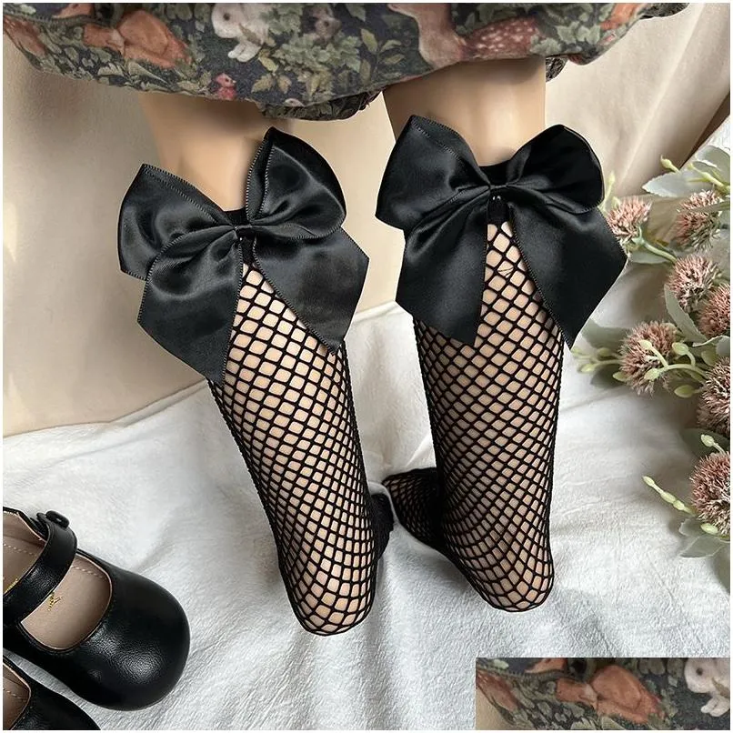 Calzini per bambini Estate Baby Lace Big Bow Bambini piccoli Ragazze Ginocchio alto Calzino lungo Morbido Scava fuori Rete da pesca Mesh Girl Princess Socken Drop De Dhwzh