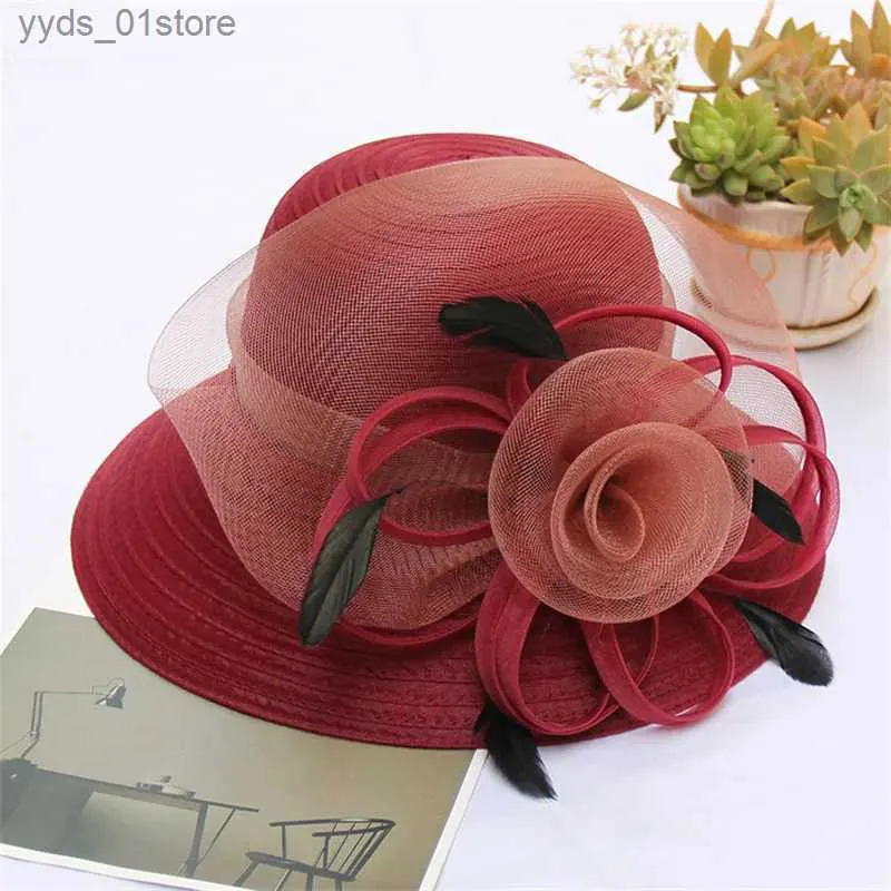 Szerokie brzegowe czapki wiadra czapki wielki kwiat letni słoneczny kapelusz dla kobiet luksusowe pióro niebieskie różowe czapkę kubełkową organza damskie kapelusz plażowy dla żeńskiego pióra c l240308