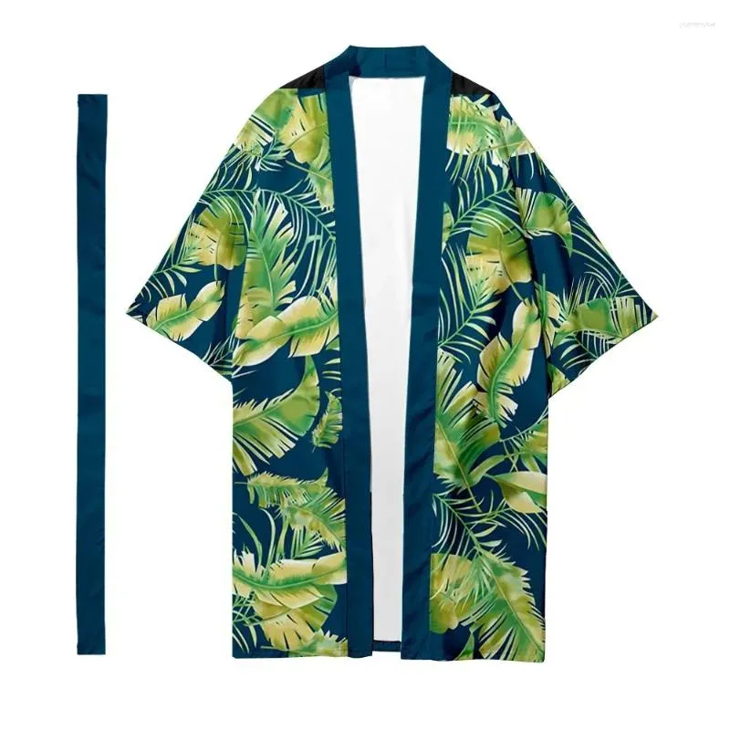 Abbigliamento etnico da uomo Cardigan lungo kimono giapponese Camicia con motivo vegetale tropicale Giacca casual Samurai Yukata 1