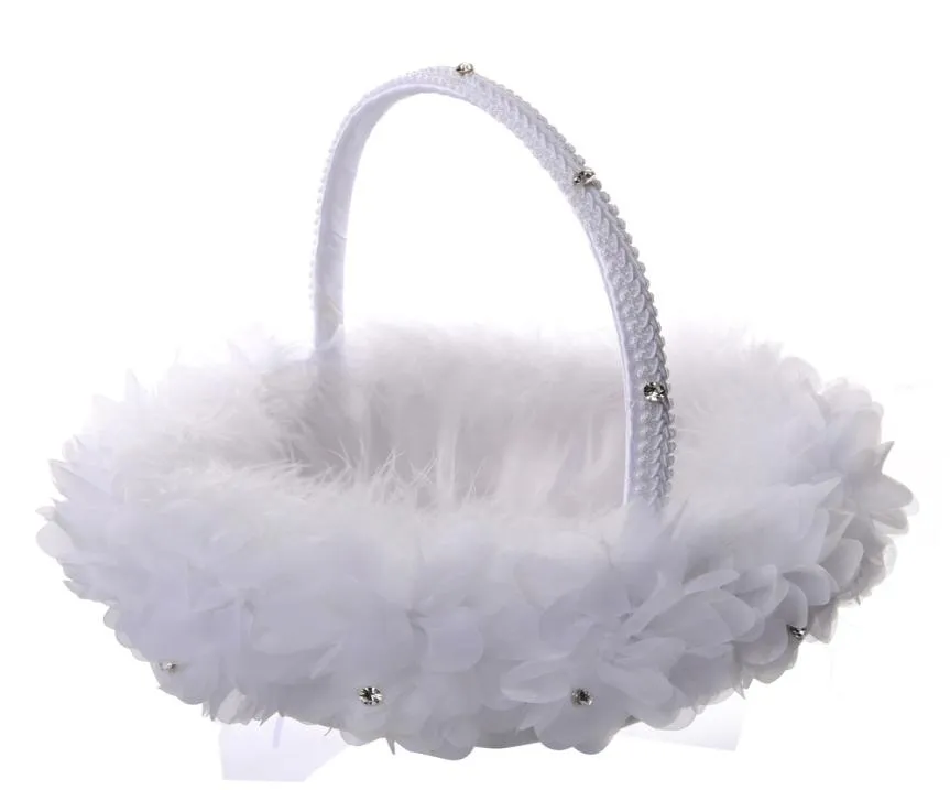 Biały struś Feather Flower Girl Kosz elegancki okrągły jedwabny koszyk kwiatowy Favors Wedding Accessory5595380