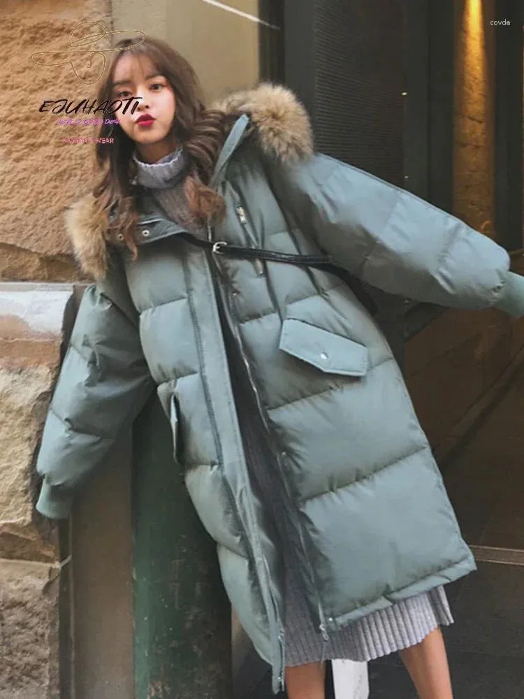 Trenchs de femmes Parkas Veste d'hiver mi-longueur en coton manteau surdimensionné coréen lâche épaissir vêtements de pain col de fourrure détachable