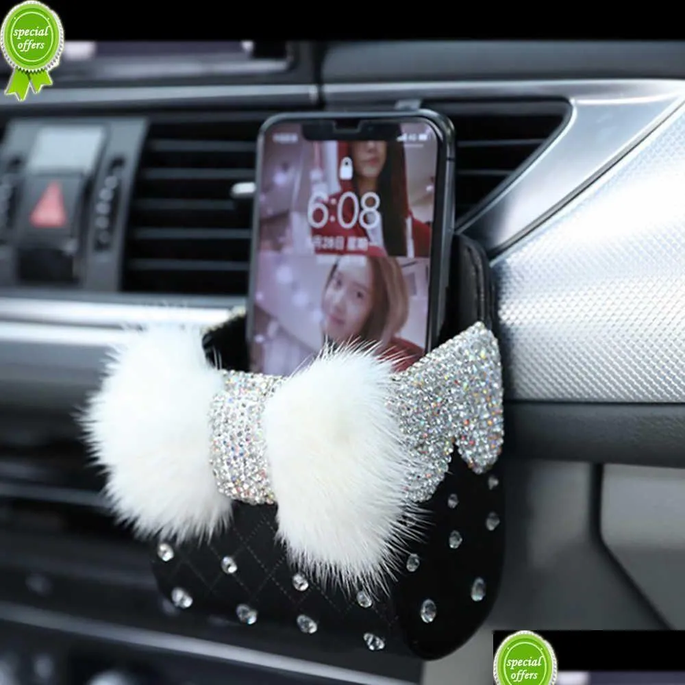 Interior Decorations New Crystal Bowknot Car Storage Box Air Outlet Vent Bag Holder Organizer Phone Package Bling Accessories For Drop Dhhg1