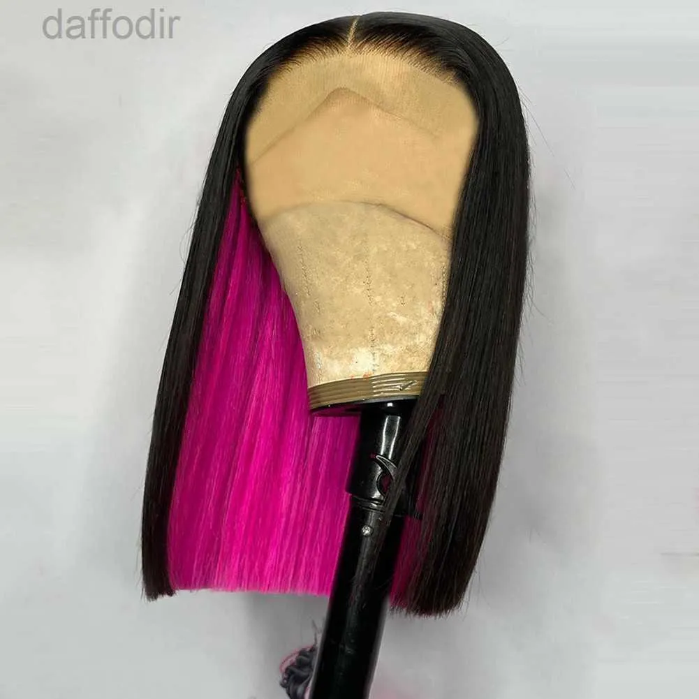 Perucas sintéticas destaque bob peruca brasileira perucas de cabelo humano para mulheres preto rosa curto laço frente perucas co cabelo sintético resistente ao calor 240308