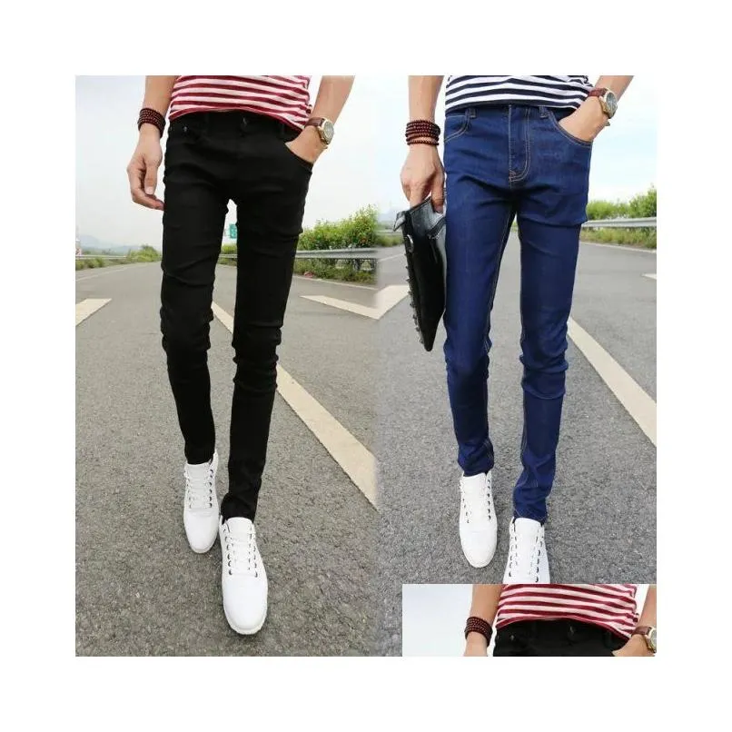 Herr jeans vår sommar mager jeans mens meisure stretch fötter byxor täta svarta längdbyxor blyerts män släpp leveranskläder m dh07x