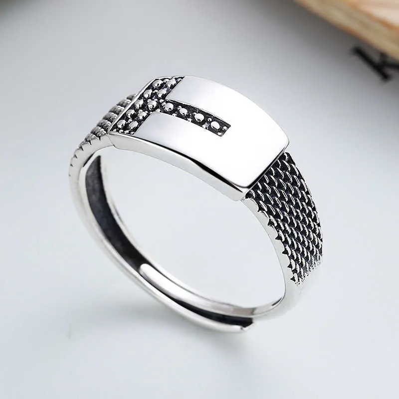 Yunchaoxuan S925 Sterling Silver Antique Thai silver irregular t-side splicing fashion trend personalized open ring