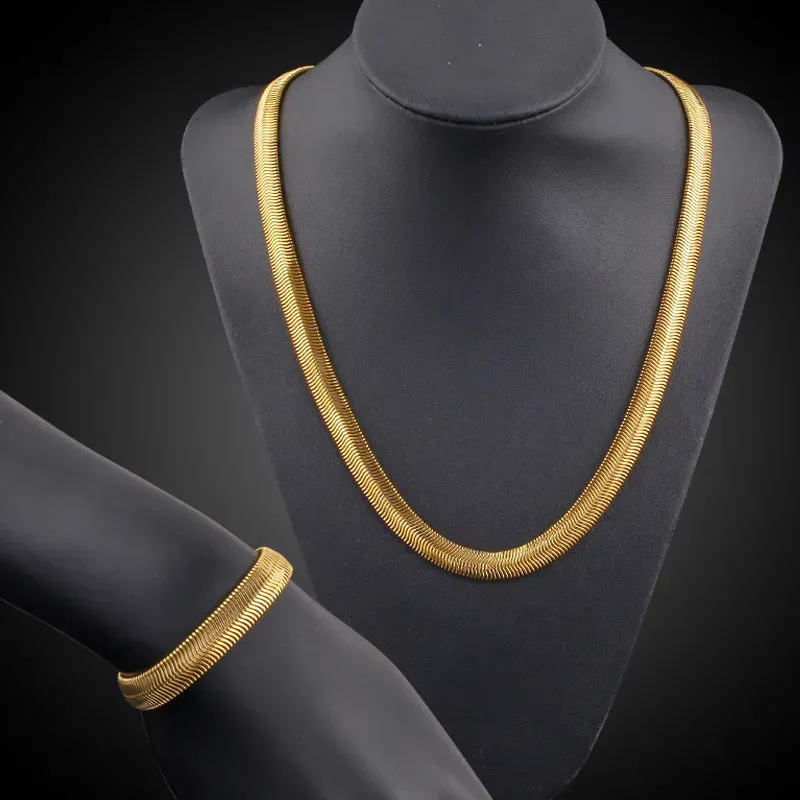 14k Yellow Gold Fine 6MM snake bone Necklaces bracelets for Men Women Fashion Jewelry set gift