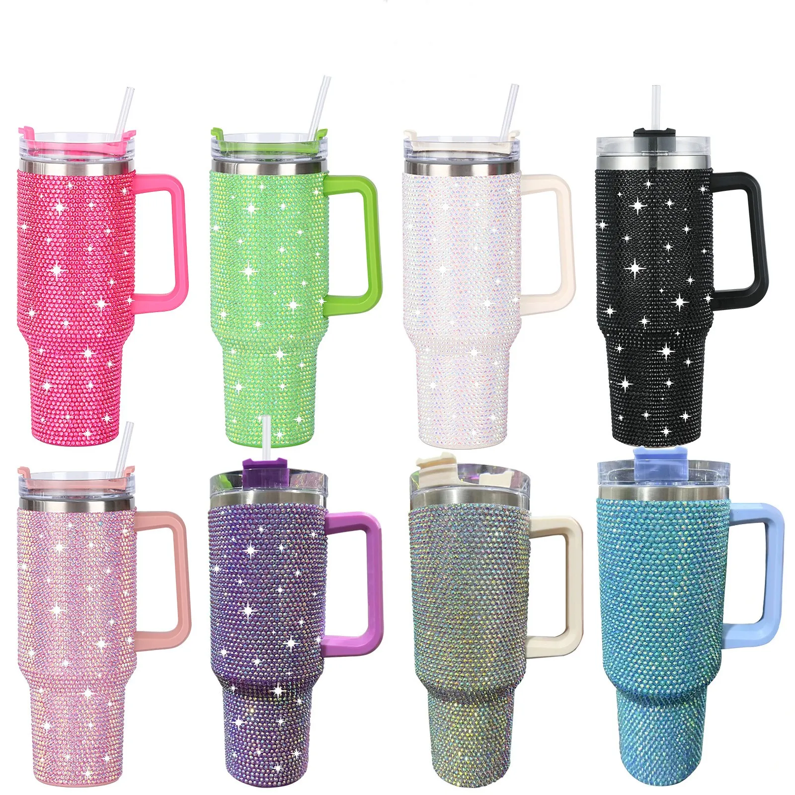 40oz Shiny Diamond Tumble Coffee Isolation Cup Rostfritt stål Bilflaska Strå Stor kapacitet Rhinestone Cup