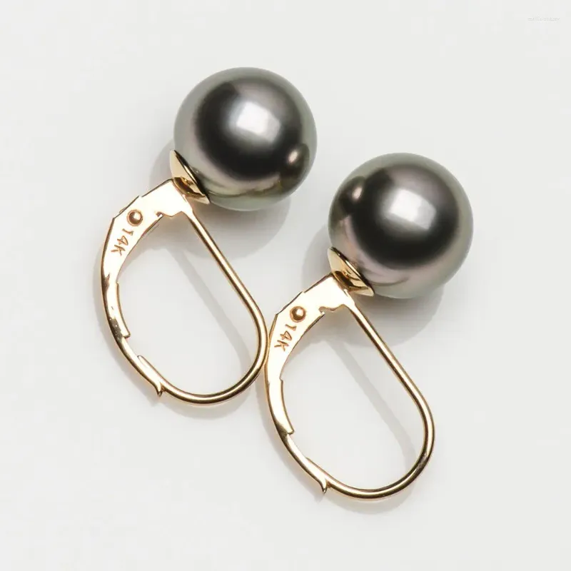 Dangle Earrings 8.9-9mm Green Purple Genuine Tahitian Pearl Leverback 14k Yellow Gold