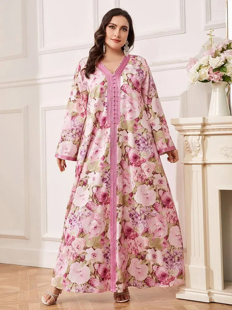 Vêtements ethniques Femmes Plus Taille Maxi Robes Dubaï Turc À Manches Longues Musulman Imprimé Floral Robe Pour Femme Pakistan Banquet De La Mode Africaine