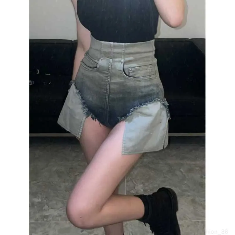 ontwerper New23ss niche trendy merk hoge taille gradiënt gelaagde hoge elastische denim shorts voor dames met hoog getailleerde ontwerp pittige meisjesbroek G7WU