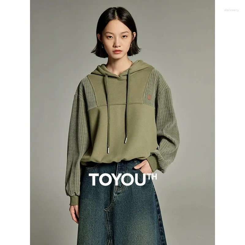 Kvinnors hoodies Toyouth Women Fleece 2024 Vinterlång ärm Loose Hooded Sweatshirt Splicing Design Casual Apricot Army Green Pullover