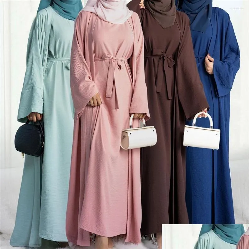 Vêtements ethniques Maroc Caftan Musulman Abaya Femmes Robe sans manches Ensemble 2 pièces Robe Dubaï Kimono Cardigan Robe Abayas Eid Ramadan Dro Dhn03