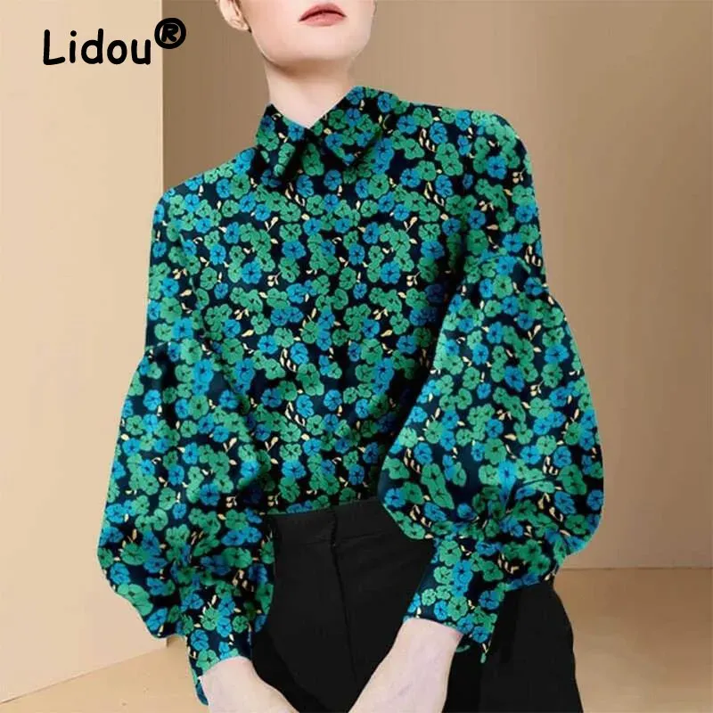 Shirts Weibliche Mode Druck Revers Laterne Langarm Blusen Hemd Urban Casual Chic Lose Floral Frauen Frühling Sommer Bluse Top 2022