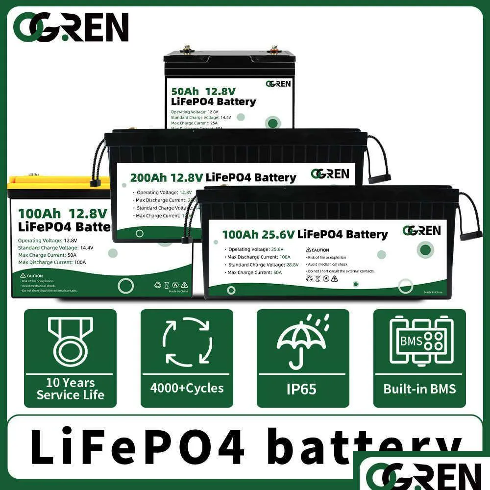 Batteries Built-In Bms Lifepo4 Battery 12V 50Ah 100Ah 200Ah 24V Lithium Iron Phosphate Cells Rv Forklift Trolling Drop Delivery Electr Dhkrg