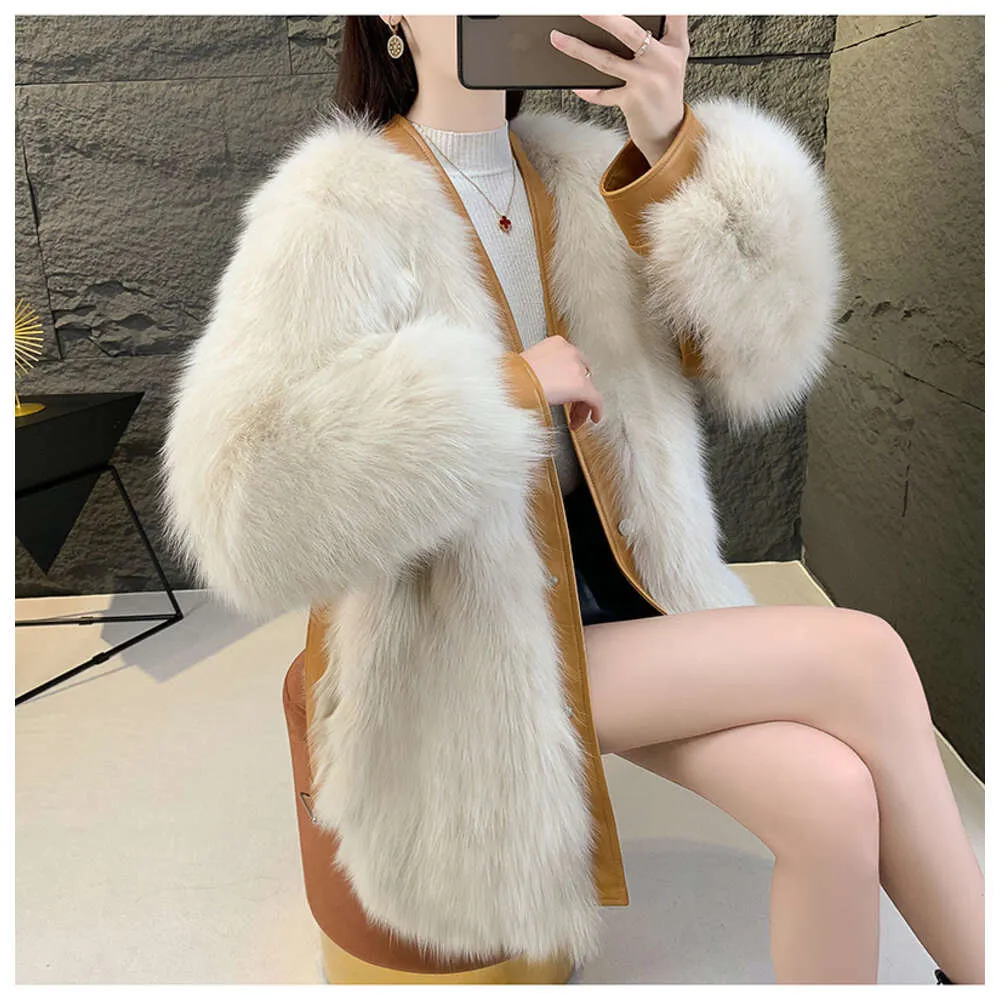 Maillard casaco feminino comprimento médio com decote em v haining 2023 inverno pele integrada cinto engrossado 434067