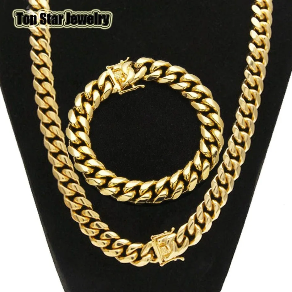 High Quality Stainless Steel Jewelry Sets 18K Gold Plated Dragon Latch Clasp Cuban Link Necklace & Bracelets For Mens Curb Chain 1311B