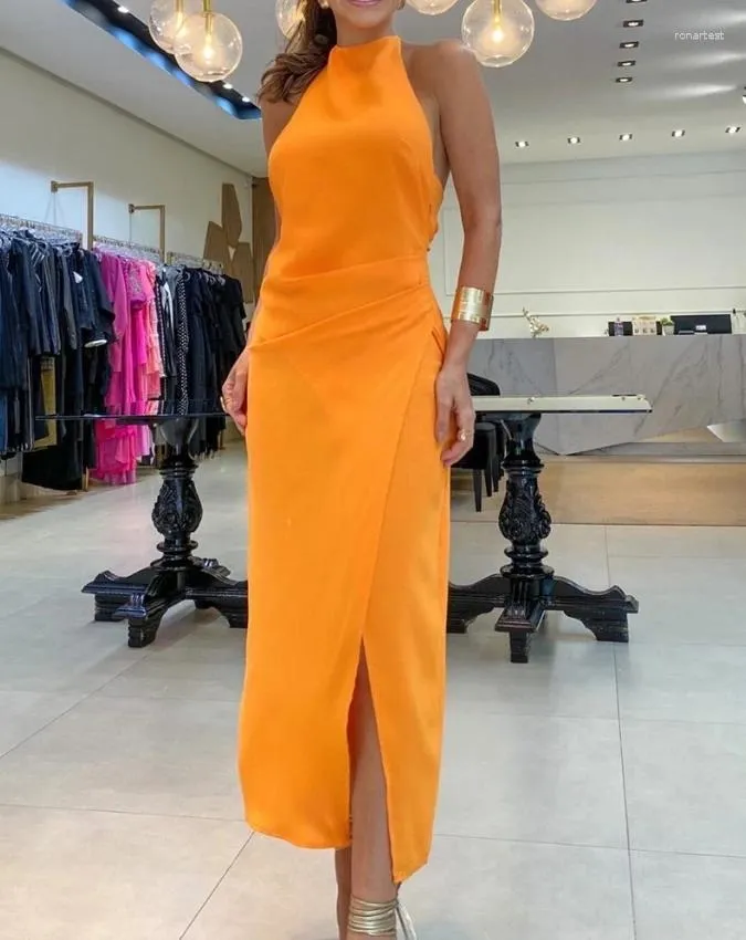 Abiti casual eleganti per le donne abito senza maniche con spacco increspato 2024 primavera/estate ultima moda semplicità o-collo skinny maxi