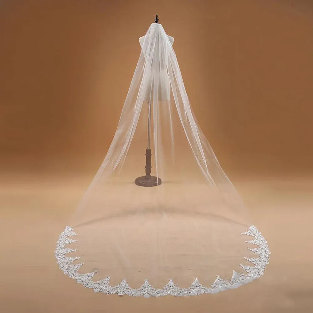 Véu de casamento catedral de marfim branco com borda de renda de uma camada de 3M, acessórios longos de noiva baratos para mulheres