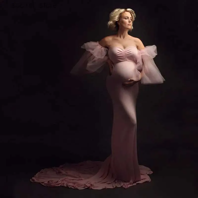 Sukienki macierzyńskie poza ramionami elastyczne fotografię macierzyńską długie sukienki syreny chude baby shower sukienki ciążowe Długie pociągu L240308