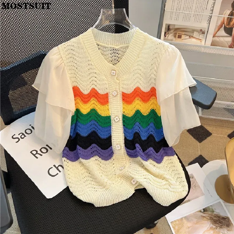 Cardigans Rainbow Striped Hollow Knit Sweater Cardigan Women 2023 Summer Puff Sleeve Singlebreasted Tops Stylish Elegant Fashion Knitwear