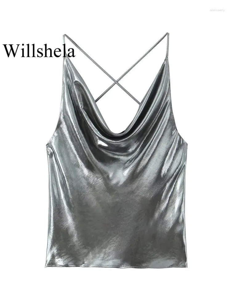 Women's Tanks Willshela Women Fashion Silver Pleated Backless Cropped Tops Vintage Thin Straps Swinging Collar Female Chic Lady