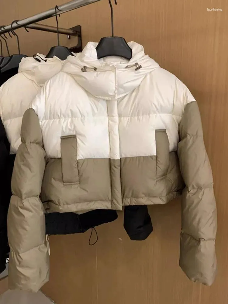 Kvinnors dikerockar 2024 Vinterkvinnor Korta Parkas Patchwork Jacka avslappnad huva tjock varm vindtät bomull vadderad kvinnlig puffer outwear