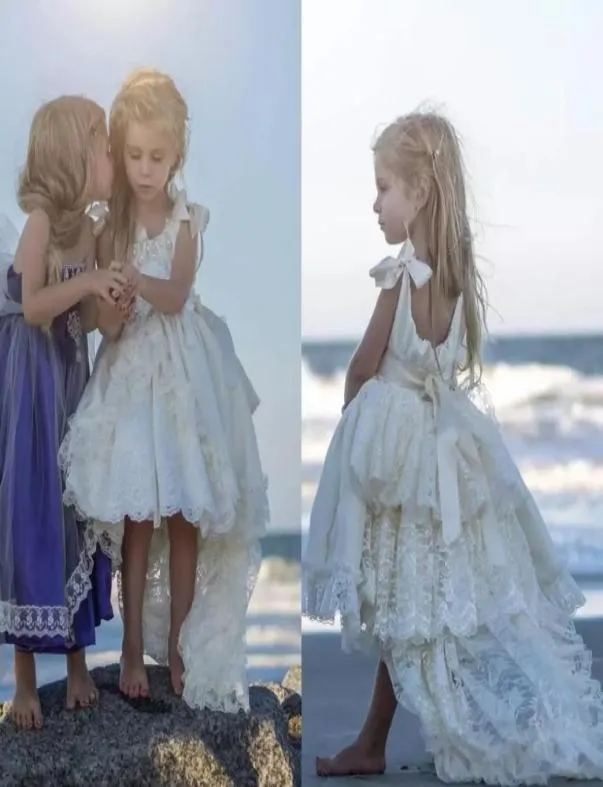 Satin Lace Ivory Princess Pageant Dresses For Girls Ribbon Straps Beaded Crystals Flower Girls Dress High Low Boho Gown8055129