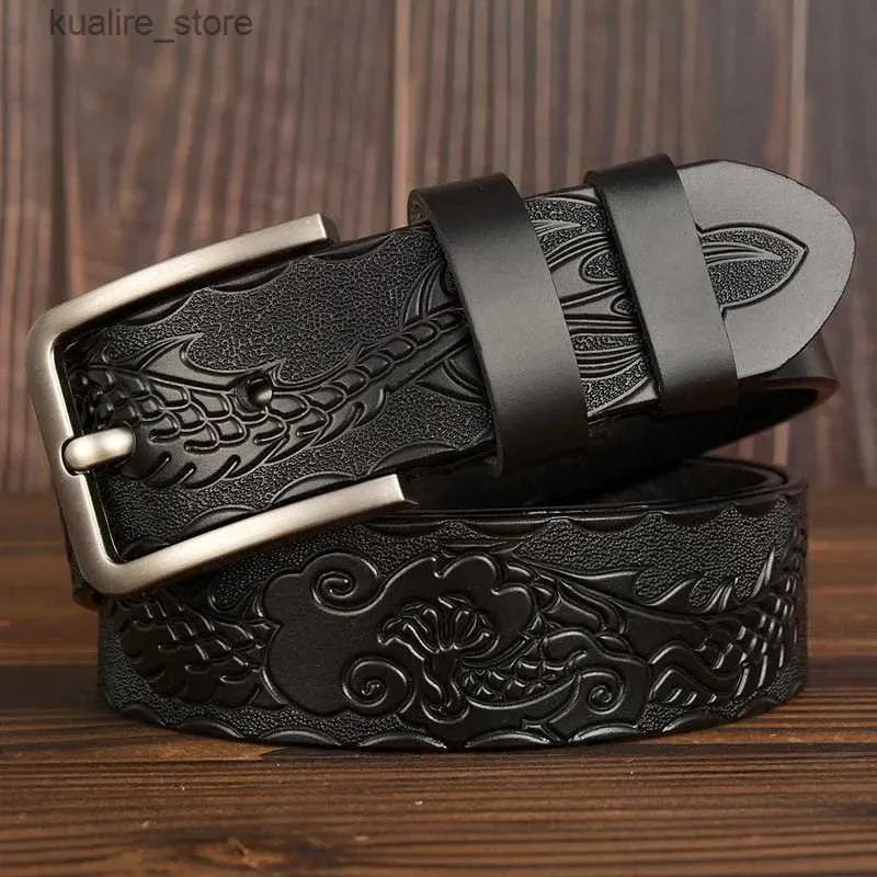 Belts New Genuine Leather Belts for men Designer Belt Male Dragon Print Vintage Pin Buckle Luxury Strap New Fashion High Quality L240308
