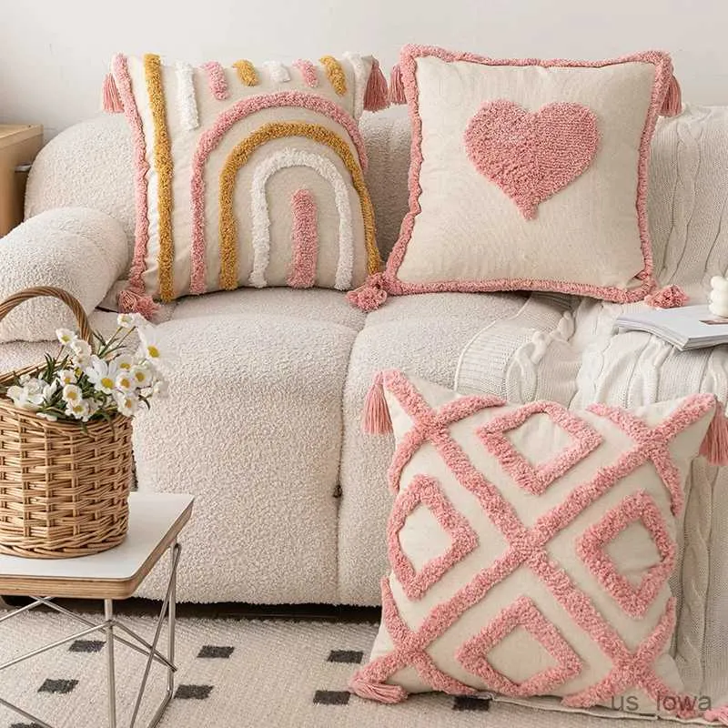 Cushion/Decorative INS style pink tufted sofa throw Home small fresh love cushion Removable cover