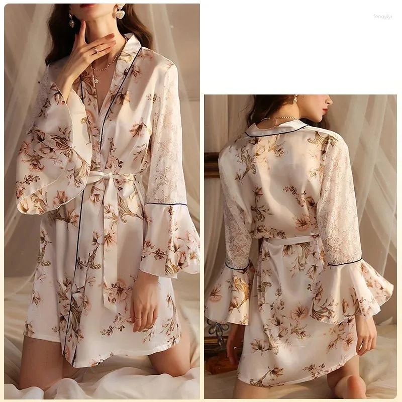 Women's Sleepwear Nightdress Satin Silk Long Sleeve Tops Lace V Neck Nightgowns Robes Nightie Summer Night Dress Home Loungewear