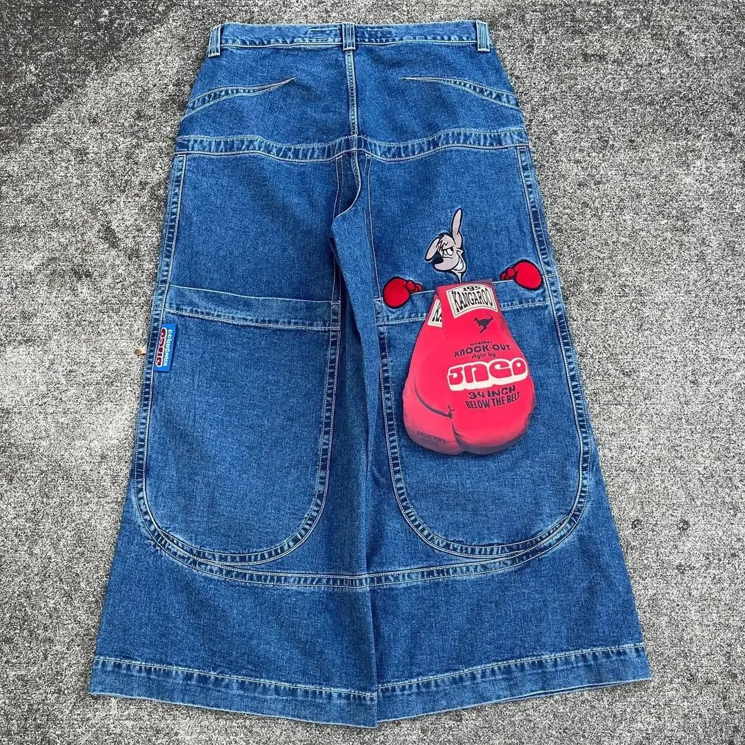 JNCO Jeans Y2k Uomo Harajuku Hip Hop Canguro Grafica Tasca grande Blu Vintage Baggy Gotico Vita alta Pantaloni larghi 240227