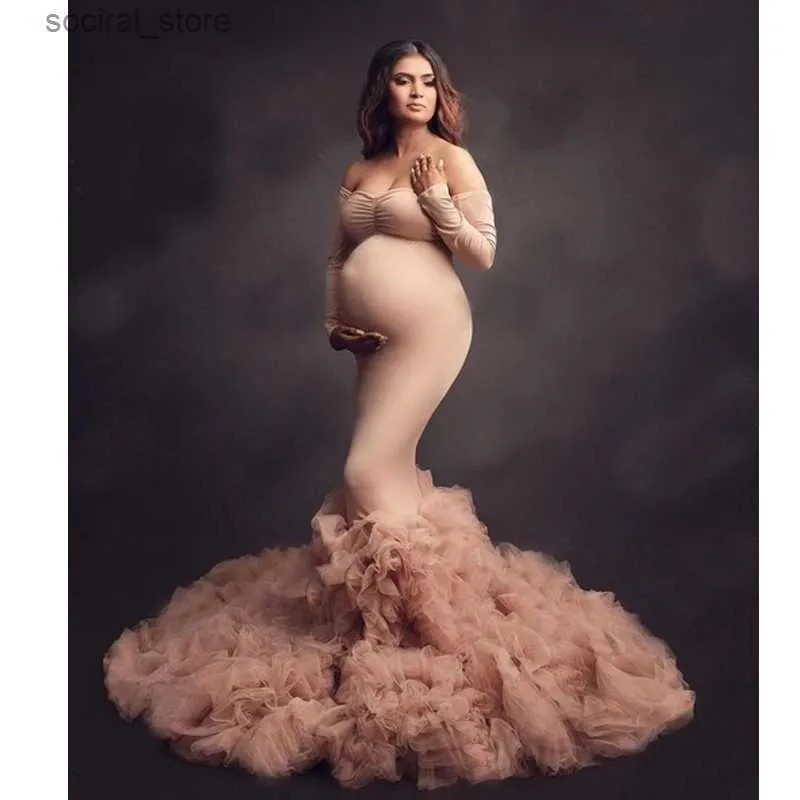 chinese dress ladies Cotton Mermaid Maternity Photography Dresses Off The Shoulder Long Sleeve 2021 S / Green main image 0