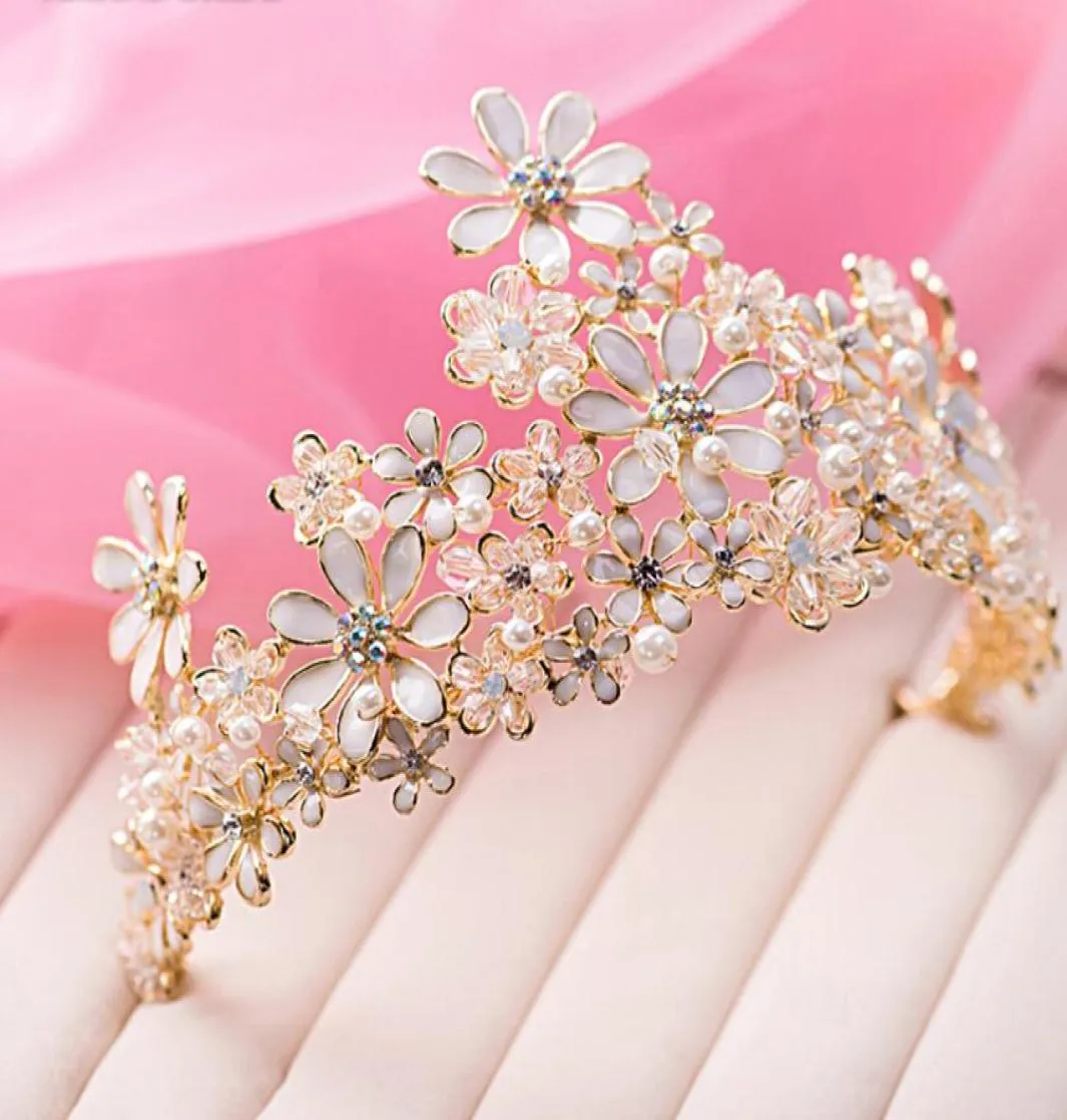 Moda nupcial tiaras coroa de ouro luxuoso strass cabeça peças mão artesanato flor noiva acessório de cabelo concurso baile tiara4390347