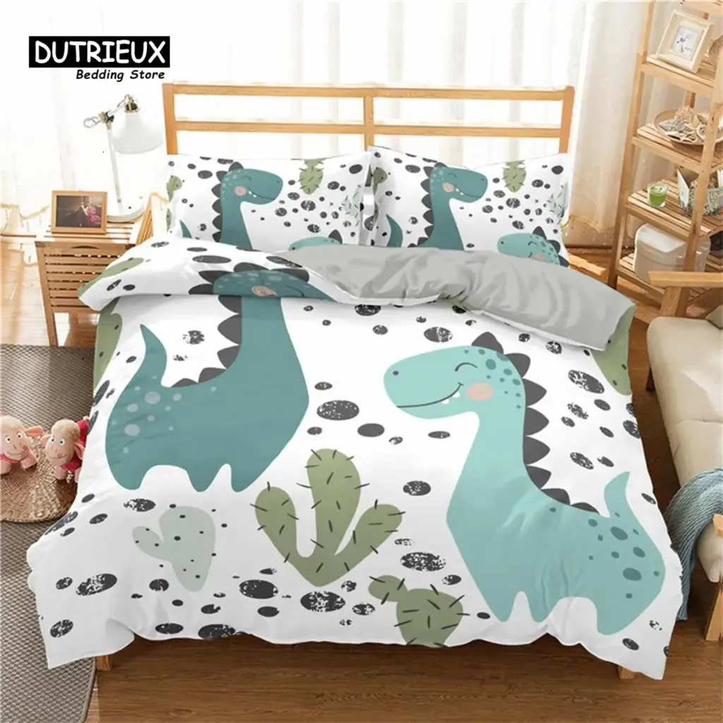 Cartoon Dinosaur Toddler Bedding Set Cartoon Animals Däcke Cover Microfiber Quilt Cover med örngott för Kids Boys Girl Teen 240306