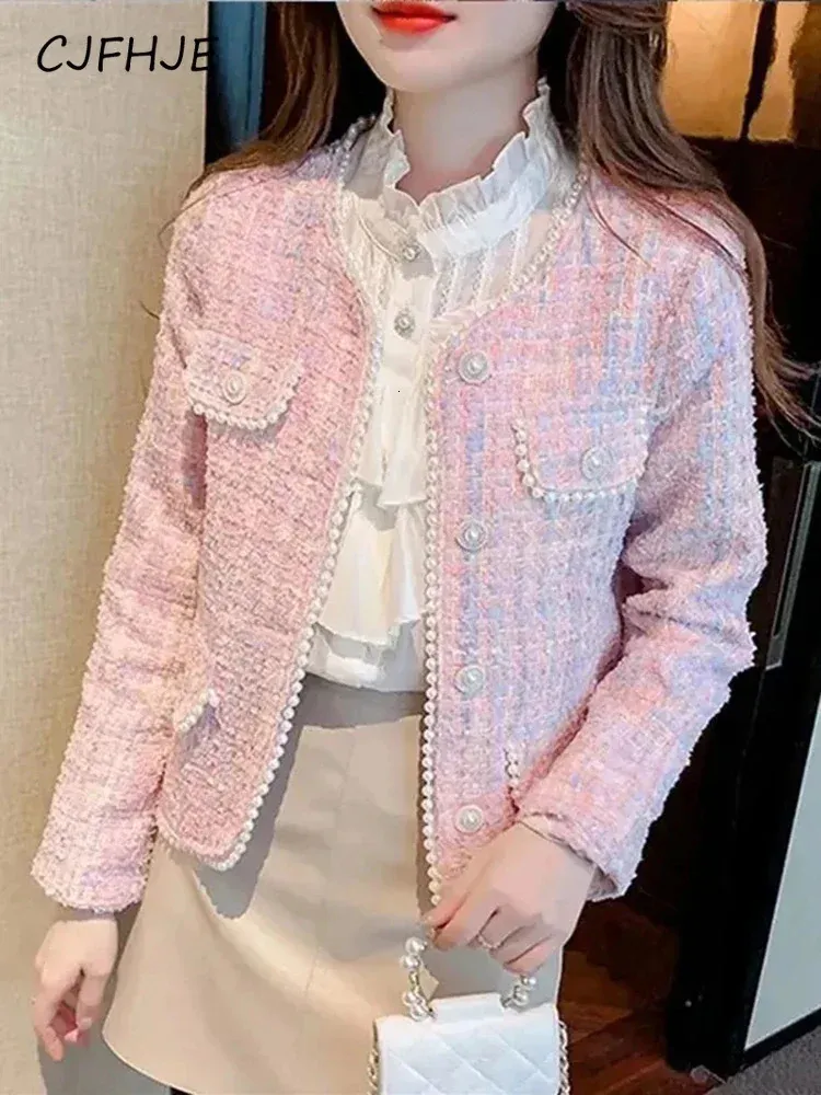 CJFHJE coréen recadrée Tweed veste perles Vintage femmes vêtements mode printemps mélanges manteau Design élégant court Chaqueta 240307