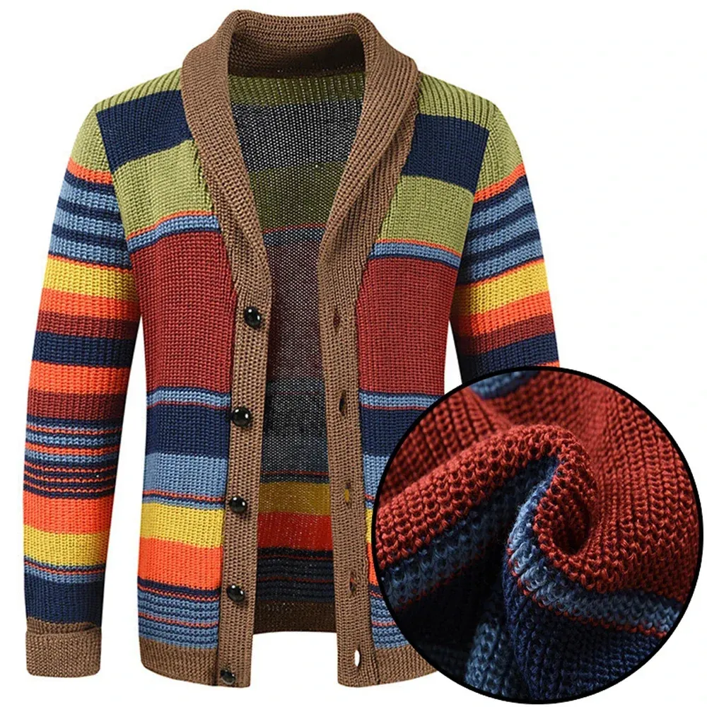 Autumn Winter Mens Rainbow Lapel Sweater Coat Button långärmad färg Matchande Cardigan Coat Casual Loose Street Mens Wear 240228