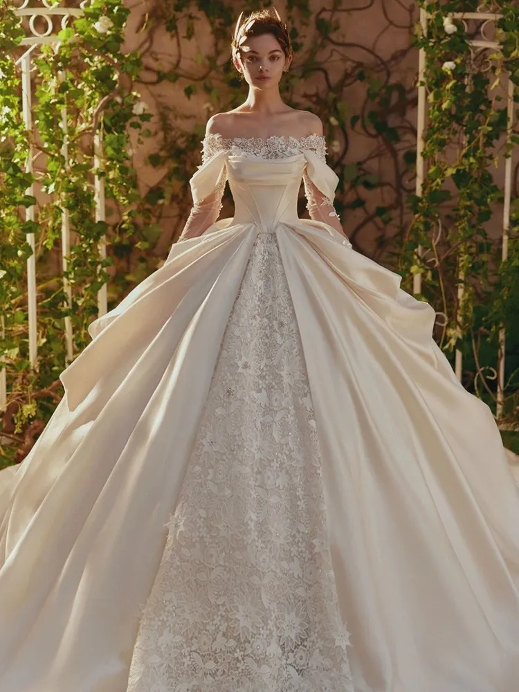 Off The Shoulder Satin Long Sleeve Flowers Wedding Dress Off The Shoulder Satin Long Sleeve Flowers Wedding Dress