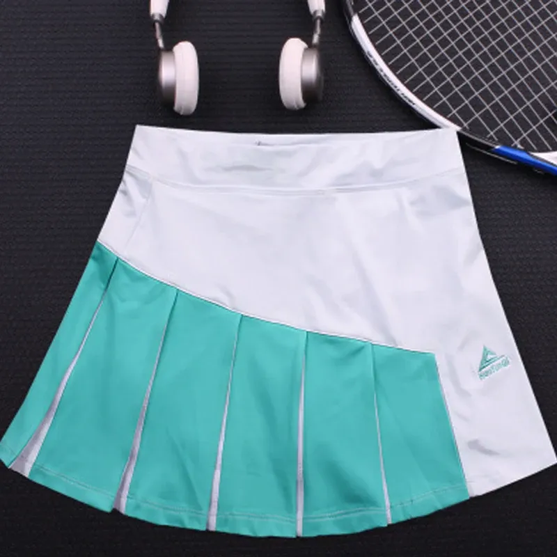 Kleider Damen-Sport-Tennisrock, atmungsaktiver doppellagiger Lauf-Faltenrock, kontrastfarbener Badminton-Kurzrock mit Taschen