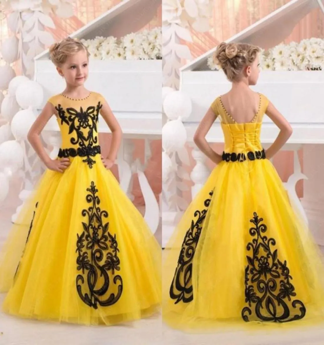 New 2017 Yellow Tulle Princess Flower Girls Dresses For Weddings Birthday Party Cheap Black Applique Floor Length Little Girl Dres5556583