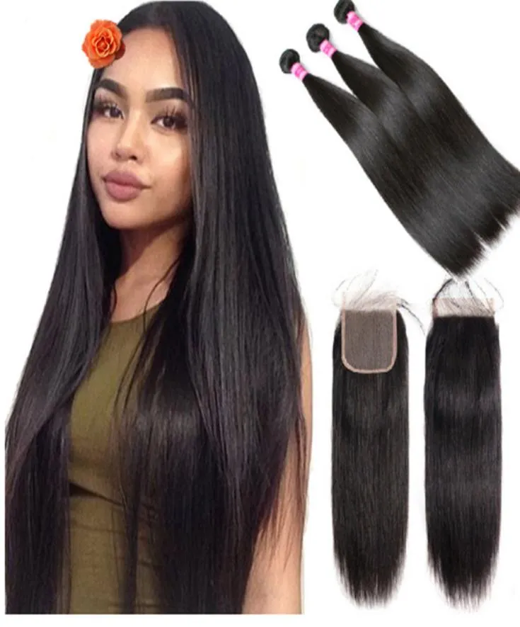 Armure brésilienne de cheveux raides 3 paquets avec fermeture 44 couleur naturelle noir de jais tissage de cheveux humains Non Remy Extension7917602