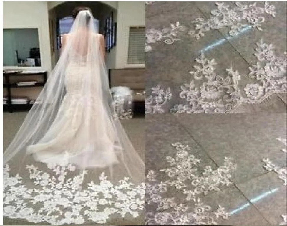 2018 Accessori da sposa Abiti da sposa Veli Bianco Avorio Bella cattedrale Lunghezza Bordo in pizzo Lungo velo da sposa Nuovo economico da sposa Ac3902415