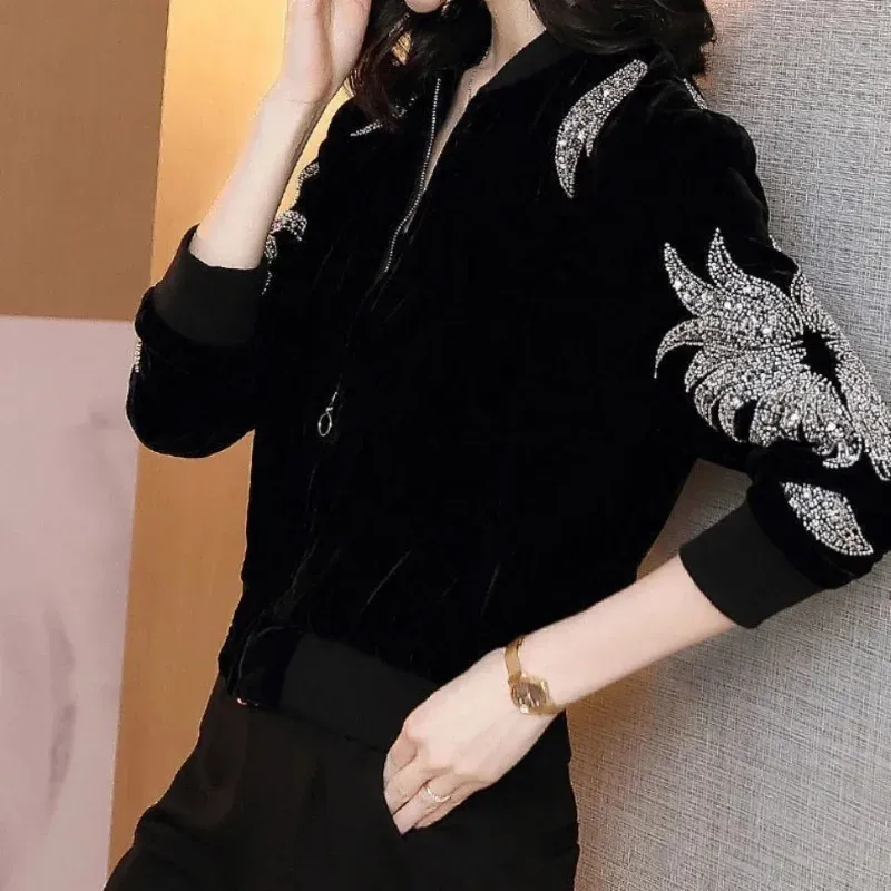 Short Coat Women Spring Autumn Loose Sequin Black Cardigan Casual Baseball Topps Female Fashion Gold Velvet Zipper Jacket 240229