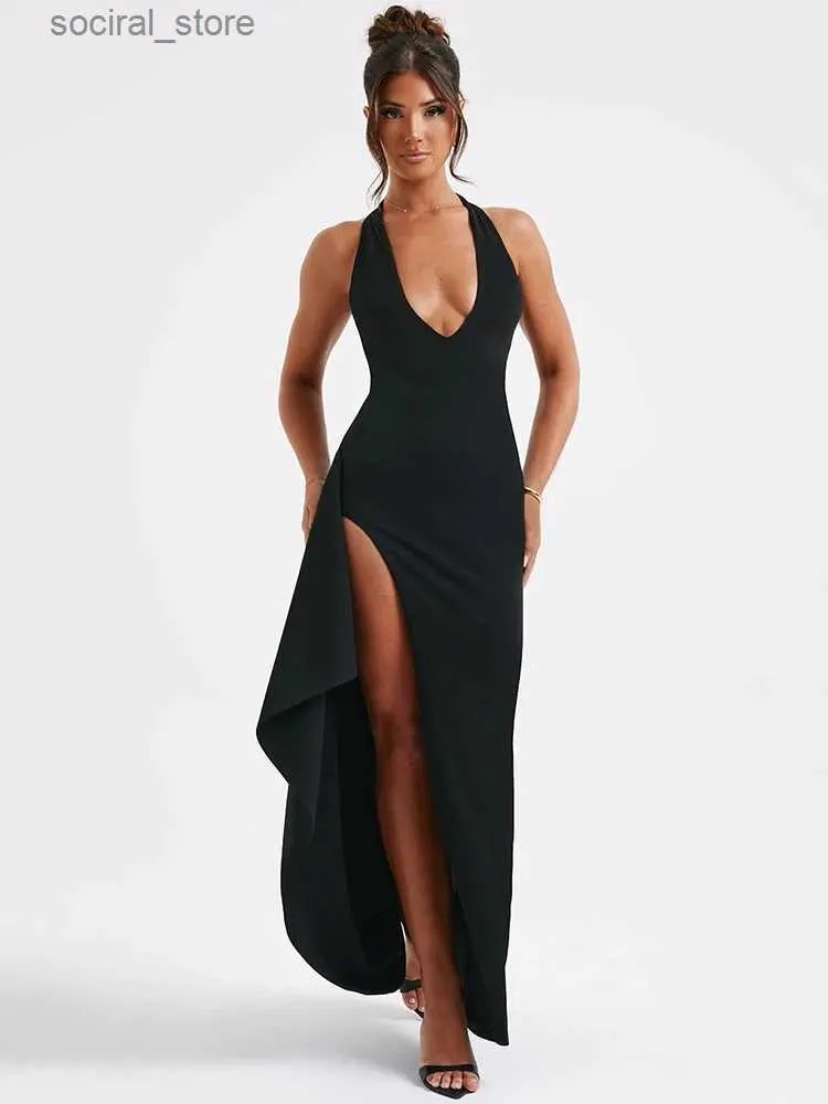 Sexy V Collar Pure Color Sleeveless Split backless Evening Dress Sexy V Collar Pure Color Sleeveless Split backless Evening Dress