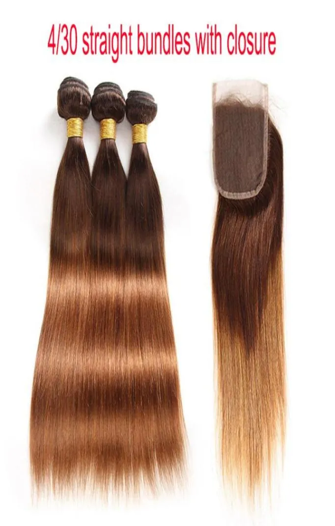 Ombre Human Hair Weave 다발은 클로저 2 톤 금발 430 Ombre 브라질 스트레이트 인간 머리 확장 레이스 Closu6935426