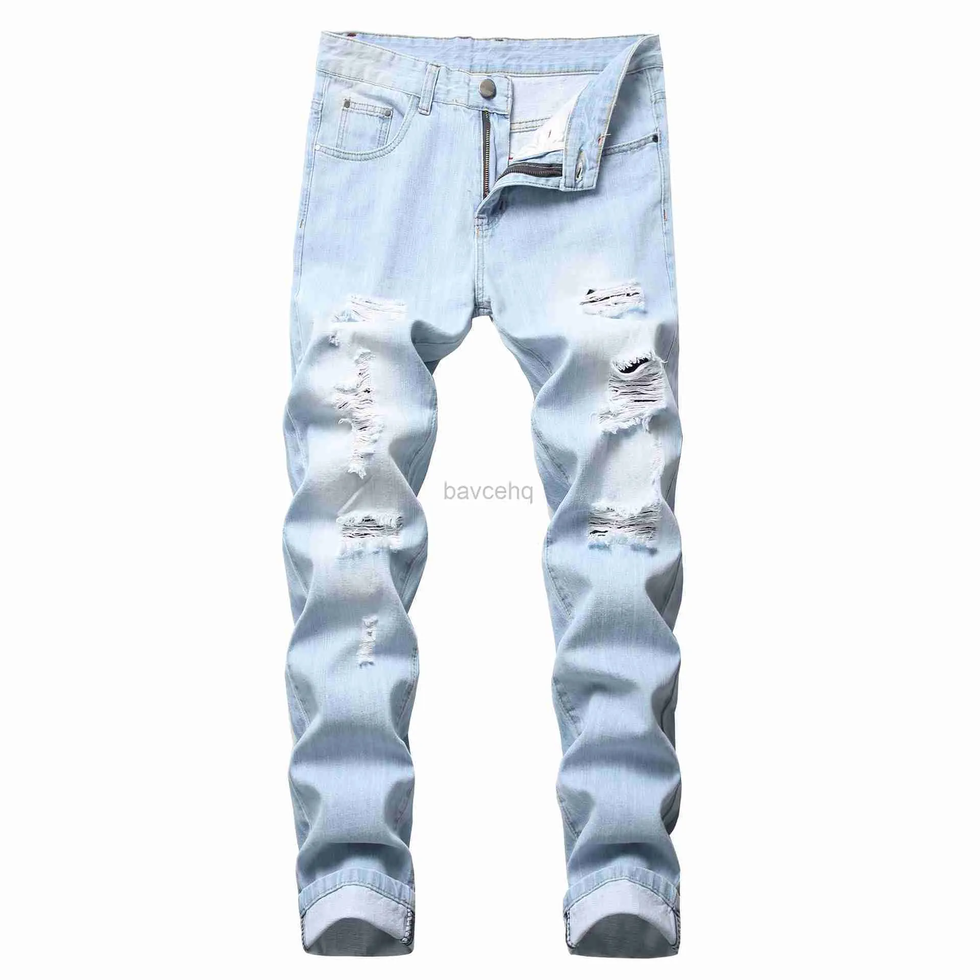 Mäns jeans män jeans män ljus färg smal fit hål high street blå icke-elastisk casual mode urban stretwear 240308