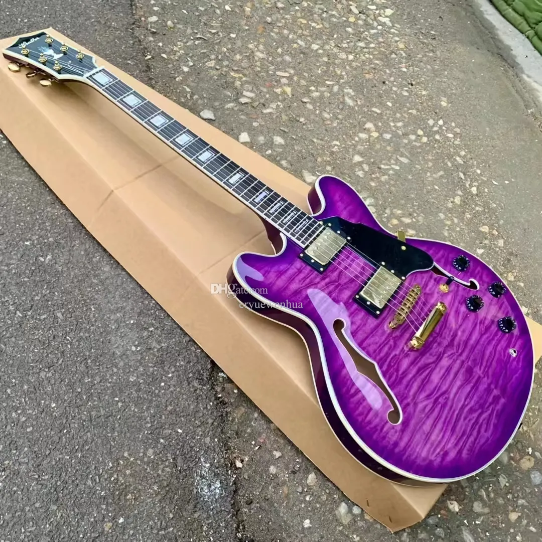 Electric Guitar JAZZ F holes 6strings Purple Rose wood Fingerboard Support Customizatioon Freeshippings