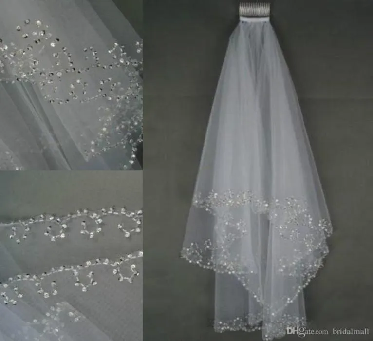 2019 Stock Wedding Veils Crystals 2 Layer Handmade Crescent Edge 신부 액세서리 흰색 및 상아 신부 베일 구슬 COM7299821