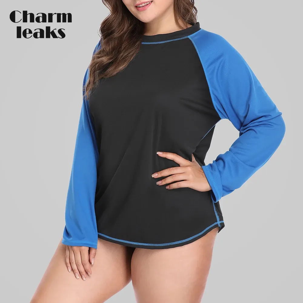 Camisas Charmleaks Mulheres Plus Size Mangas Compridas Camisa DryFit Proteção UV Rashguard Camisas Rash Guard Top Colorblock Beach Wear