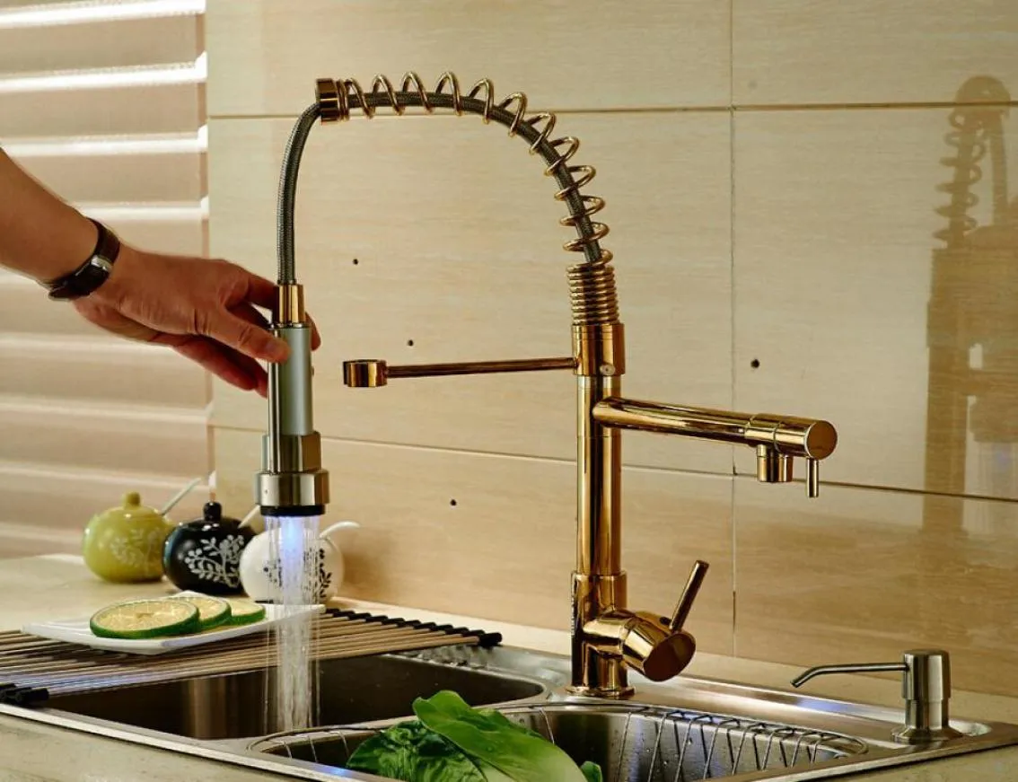 LED Golden Deck Mounted Kitchen Faucet Spring Sink Mixer Tap Single Handle5841041